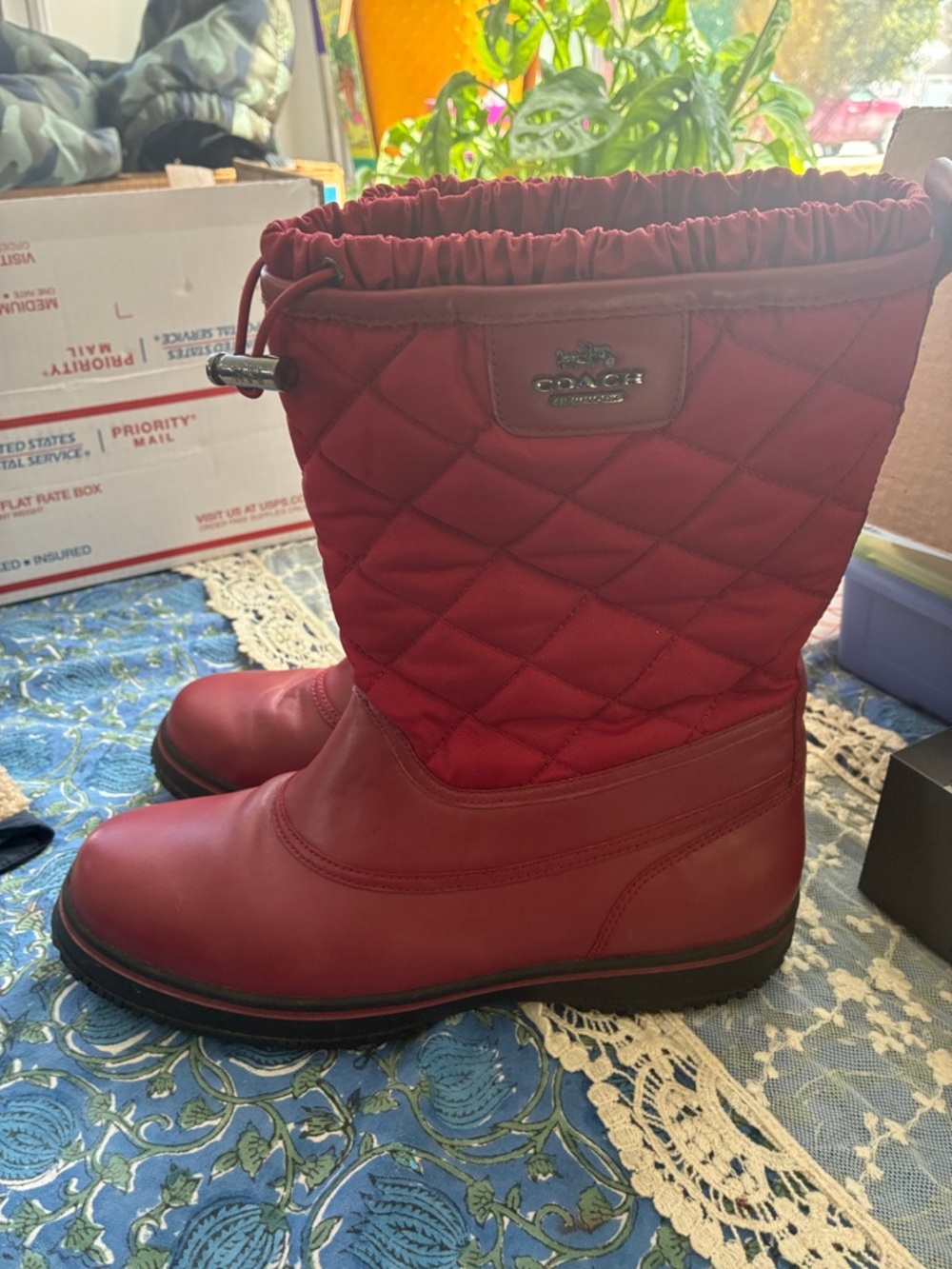Coach New York Samara sparrow red wine quilted boots
